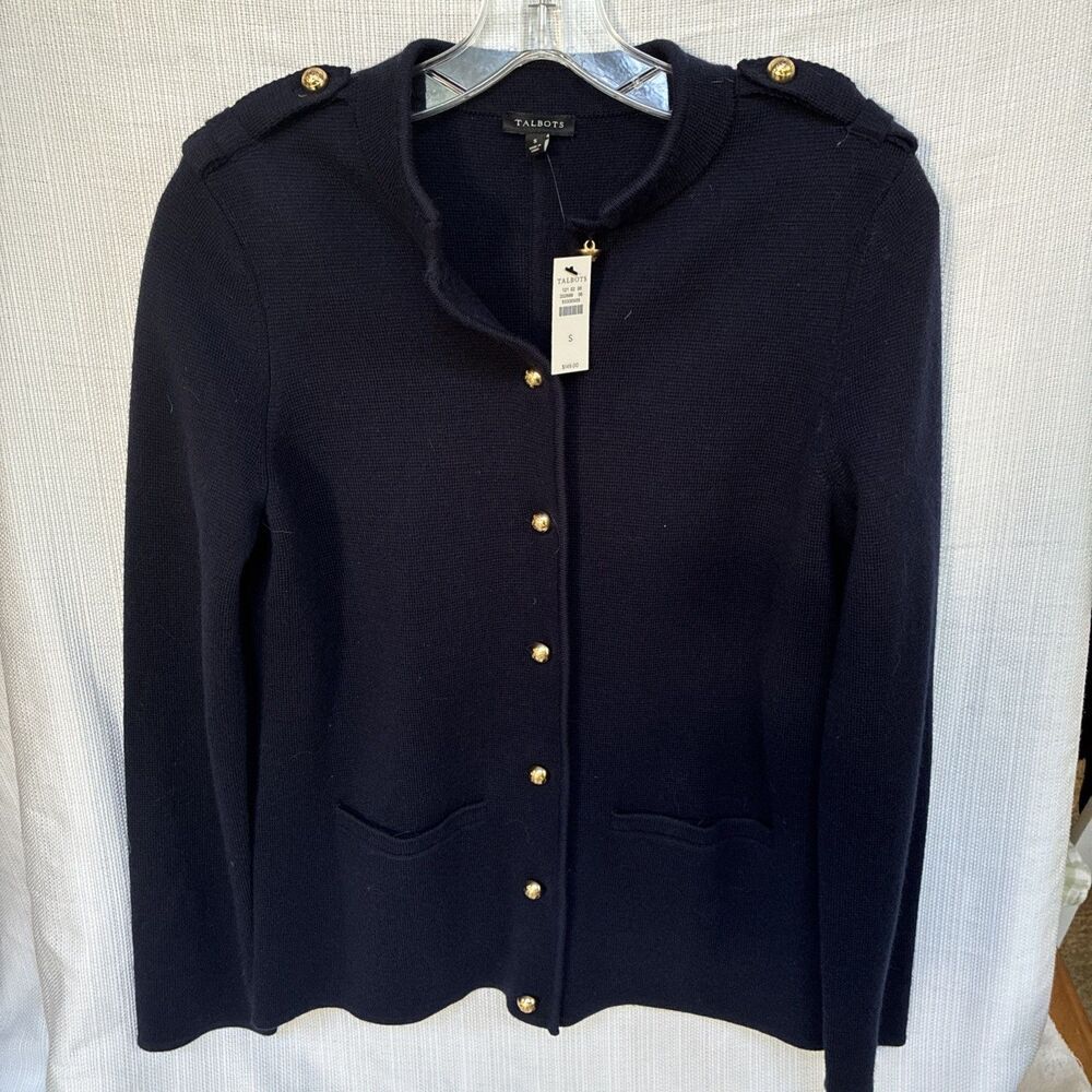 NWT Small Talbots Merino Wool Knit Coat Navy Blue Nautical Gold Button Sweater
